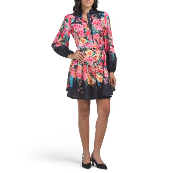 DALIA MACPHEE BLACK MULTI Long Sleeve Floral Mini Dress With Belt